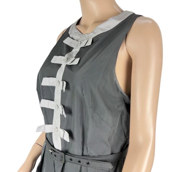 Eva Franco Belted Sleeveless Dress SZ 8 Black White Grid Pattern Bows Buttons - Picture 5 of 11